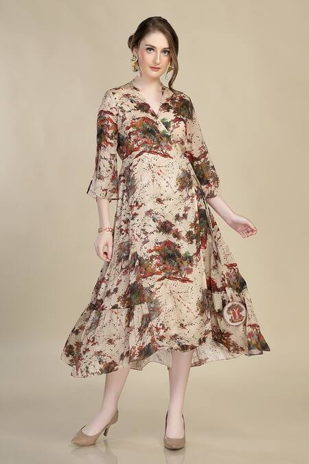 Whimsical By Shica_Beige Organza, Satin V-neck Flared Tie-up Dress _Online_at_Aza_Fashions