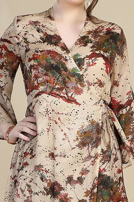 Buy_Whimsical By Shica_Beige Organza, Satin V-neck Flared Tie-up Dress _Online_at_Aza_Fashions