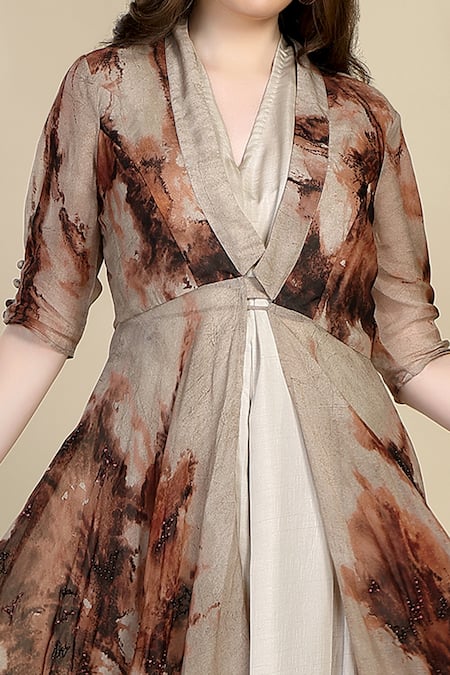 Buy_Whimsical By Shica_Beige Organza Beads V-neck Flared Printed Jacket Dress With Inner _Online_at_Aza_Fashions