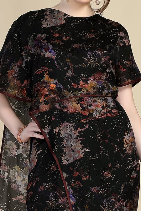 Whimsical By Shica_Black Organza Embroidery Round Neck Double Layered Midi Dress _Online_at_Aza_Fashions