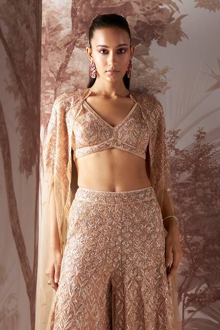 Sana Barreja Beige Net Sequins, Cut Work V-neck Myra Embellished Cape Sharara Set Online at Aza Fashions Sana Barreja_Beige Net Sequins, Cut Work V-neck Myra Embellished Cape Sharara Set _Online_at_Aza_Fashions