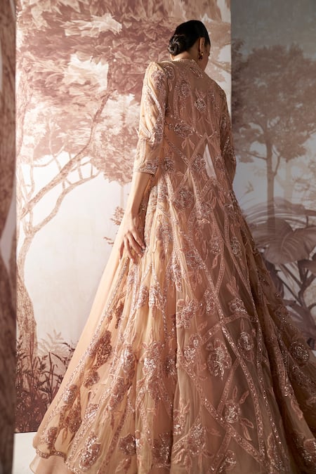 Shop Sana Barreja Beige Net, Organza Sequins, Cut Work Nora Floral Embellished Jacket Skirt Set at Aza Fashions Shop_Sana Barreja_Beige Net, Organza Sequins, Cut Work Nora Floral Embellished Jacket Skirt Set _at_Aza_Fashions