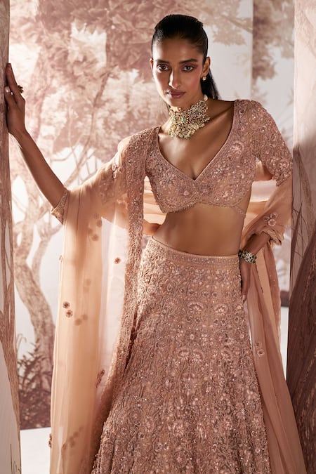 Shop Sana Barreja Beige Net, Organza Sequins, Cut Crystal Floral Embellished Bridal Lehenga Set at Aza Fashions Shop_Sana Barreja_Beige Net, Organza Sequins, Cut Crystal Floral Embellished Bridal Lehenga Set _at_Aza_Fashions