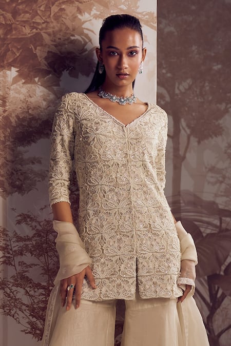Shop Sana Barreja Ivory Net, Organza Pearls, Sequins Idra Floral Embroidered Jacket Gharara Set at Aza Fashions Shop_Sana Barreja_Ivory Net, Organza Pearls, Sequins Idra Floral Embroidered Jacket Gharara Set _at_Aza_Fashions