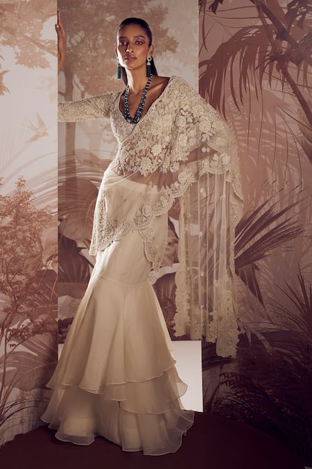 Sana Barreja Ivory Blouse And Palla Net Flora Pearl Pre Stitched Saree With For Women