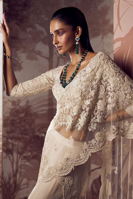 Shop Sana Barreja Ivory Organza, Net Flora Embroidered Palla Pre Stitched Saree With Blouse at Aza Fashions Shop_Sana Barreja_Ivory Organza, Net Flora Embroidered Palla Pre Stitched Saree With Blouse _at_Aza_Fashions