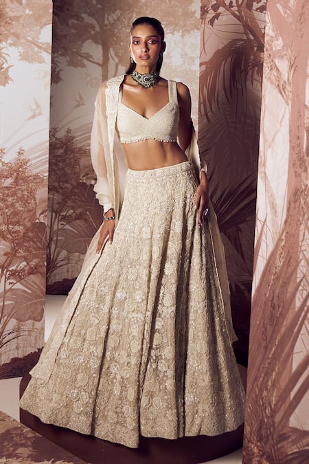 Shop Sana Barreja Ivory Net, Organza Pearls, Helena Floral Embroidered Bridal Lehenga Set at Aza Fashions Shop_Sana Barreja_Ivory Net, Organza Pearls, Helena Floral Embroidered Bridal Lehenga Set _at_Aza_Fashions