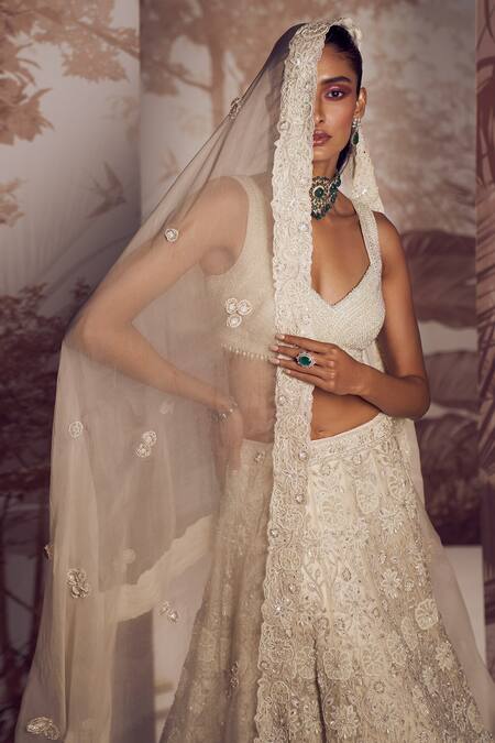 Sana Barreja Ivory Net, Organza Pearls, Helena Floral Embroidered Bridal Lehenga Set Online at Aza Fashions Sana Barreja_Ivory Net, Organza Pearls, Helena Floral Embroidered Bridal Lehenga Set _Online_at_Aza_Fashions
