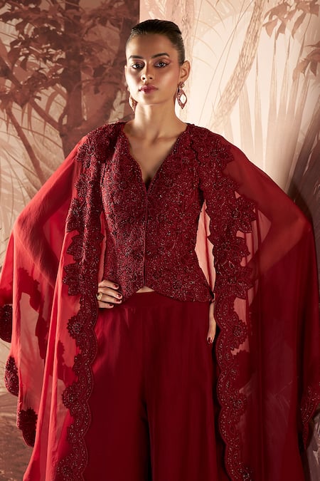 Shop Sana Barreja Red Net, Organza Beads, Crystals, Embroidery, Selina Jacket Sharara Set at Aza Fashions Shop_Sana Barreja_Red Net, Organza Beads, Crystals, Embroidery, Selina Jacket Sharara Set _at_Aza_Fashions