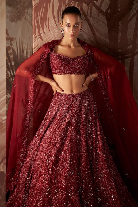 Shop Sana Barreja Red Net, Organza Beads, Victoria Crystal Floral Embellished Bridal Lehenga Set at Aza Fashions Shop_Sana Barreja_Red Net, Organza Beads, Victoria Crystal Floral Embellished Bridal Lehenga Set _at_Aza_Fashions