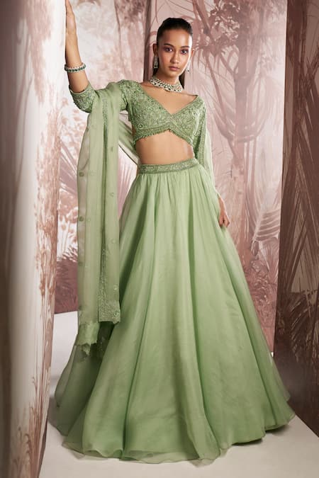 Buy Green Blouse Net Embroidered Sequin Vera Embellished Skirt Set For  Women by Sana Barreja Online at Aza Fashions.