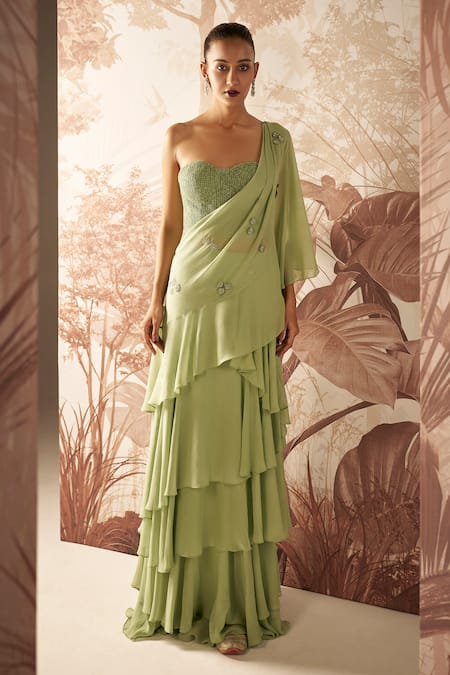 Sana Barreja Green Corset Eliza Embellished Palla Ruffle Pre Stitched Saree With  