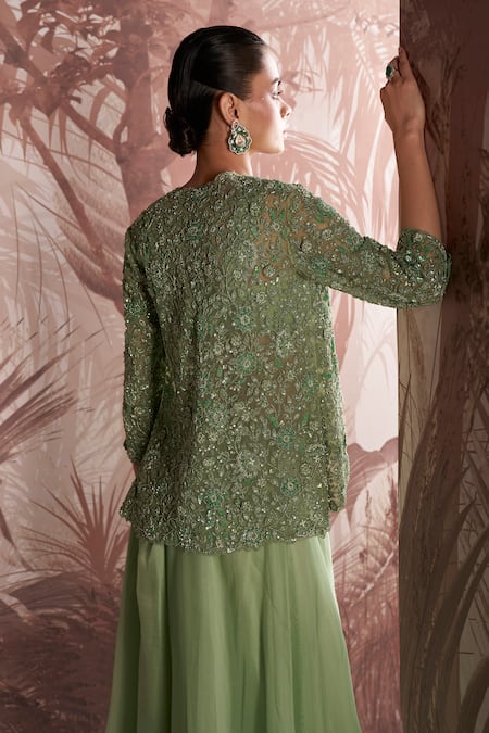 Shop Sana Barreja Green Net, Organza Sequins, Cut Sophie Floral Embellished Jacket Sharara Set at Aza Fashions Shop_Sana Barreja_Green Net, Organza Sequins, Cut Sophie Floral Embellished Jacket Sharara Set _at_Aza_Fashions