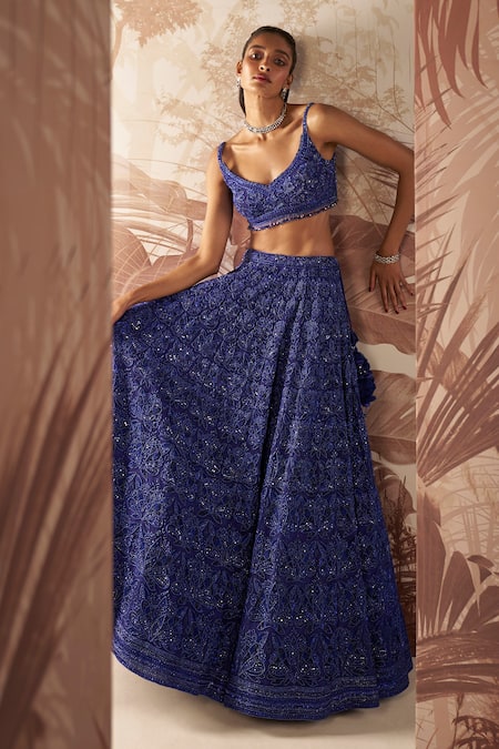 Shop Sana Barreja Blue Net, Organza Beads, Sequins Elanor Floral Embellished Bridal Lehenga Set at Aza Fashions Shop_Sana Barreja_Blue Net, Organza Beads, Sequins Elanor Floral Embellished Bridal Lehenga Set _at_Aza_Fashions