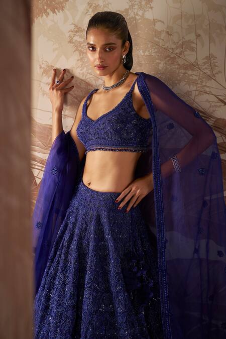 Buy Sana Barreja Blue Net, Organza Beads, Sequins Elanor Floral Embellished Bridal Lehenga Set Online at Aza Fashions Buy_Sana Barreja_Blue Net, Organza Beads, Sequins Elanor Floral Embellished Bridal Lehenga Set _Online_at_Aza_Fashions