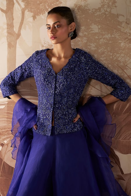 Shop Sana Barreja Blue Net, Organza Beads, Sequins Emma Floral Embellished Peplum Sharara Set at Aza Fashions Shop_Sana Barreja_Blue Net, Organza Beads, Sequins Emma Floral Embellished Peplum Sharara Set _at_Aza_Fashions