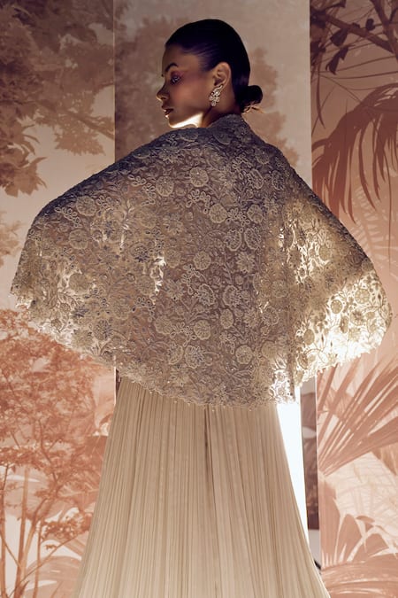 Sana Barreja Esther Pearl Embellished Cape Pleated Skirt Set 