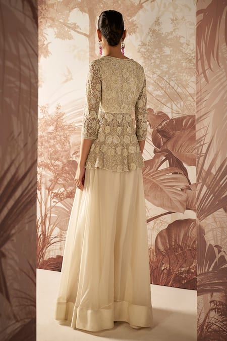Shop Sana Barreja Ivory Net, Organza Pearls, Sequins Grace Jaal Embroidered Peplum With Sharara at Aza Fashions Shop_Sana Barreja_Ivory Net, Organza Pearls, Sequins Grace Jaal Embroidered Peplum With Sharara _at_Aza_Fashions