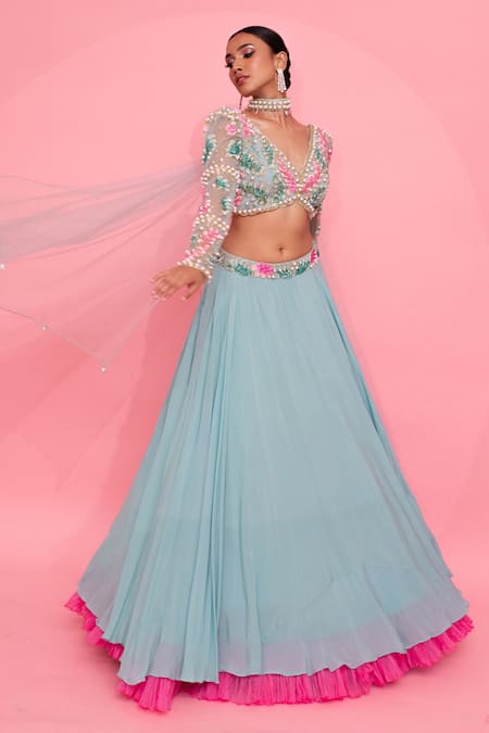 Buy_Anshika Tak Label_Blue Organza, Net, Crepe Pearls, Cut Work V-neck Embroidered Layered Lehenga Set _Online_at_Aza_Fashions