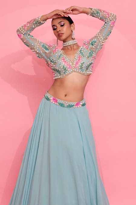 Shop_Anshika Tak Label_Blue Organza, Net, Crepe Pearls, Cut Work V-neck Embroidered Layered Lehenga Set _Online_at_Aza_Fashions