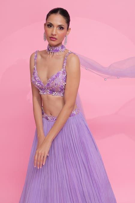 Shop_Anshika Tak Label_Purple Tussar, Crepe, Net Pearls, Cut Work Sweetheart Embellished Lehenga Set _Online_at_Aza_Fashions