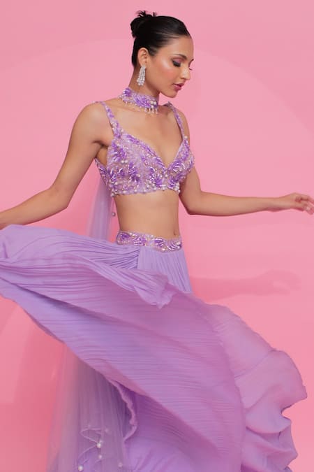 Anshika Tak Label_Purple Tussar, Crepe, Net Pearls, Cut Work Sweetheart Embellished Lehenga Set _at_Aza_Fashions