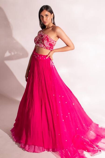 Anshika Tak Label_Fuchsia Georgette, Net Pearls, Cut Work One Embroidered Layered Lehenga Set _Online_at_Aza_Fashions