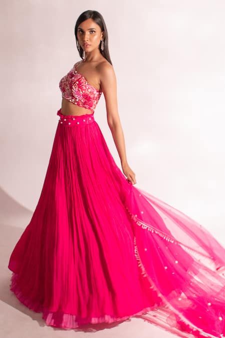 Buy_Anshika Tak Label_Fuchsia Georgette, Net Pearls, Cut Work One Embroidered Layered Lehenga Set _Online_at_Aza_Fashions