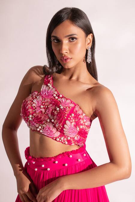 Shop_Anshika Tak Label_Fuchsia Georgette, Net Pearls, Cut Work One Embroidered Layered Lehenga Set _Online_at_Aza_Fashions