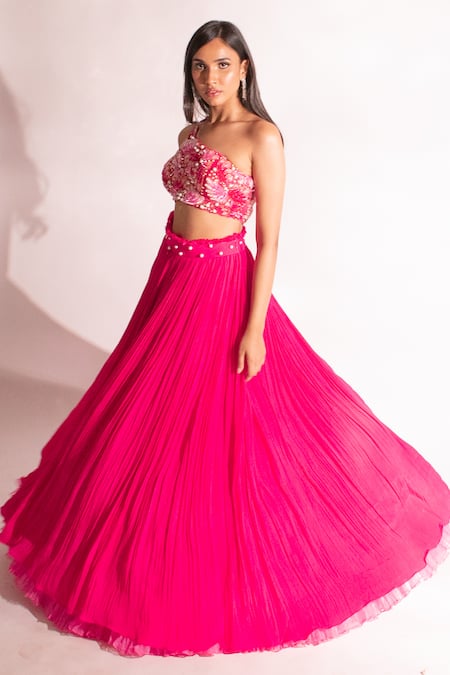 Anshika Tak Label_Fuchsia Georgette, Net Pearls, Cut Work One Embroidered Layered Lehenga Set _at_Aza_Fashions