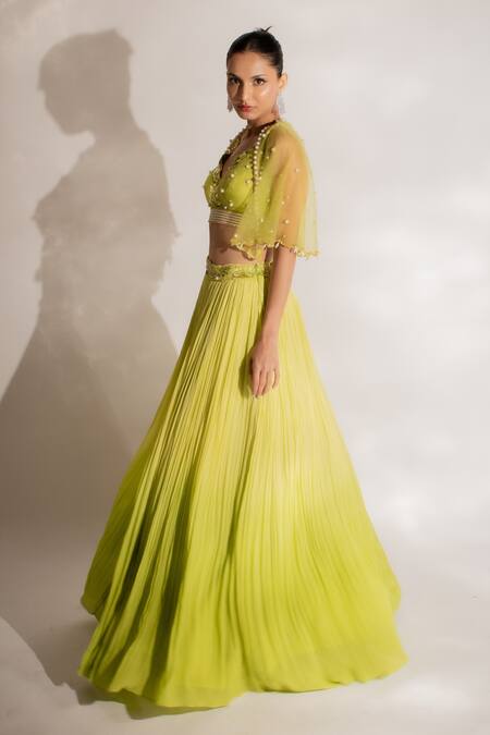 Anshika Tak Label_Yellow Georgette, Net Pearls, Cut Work V-neck Pleated Embroidered Lehenga Set _Online_at_Aza_Fashions