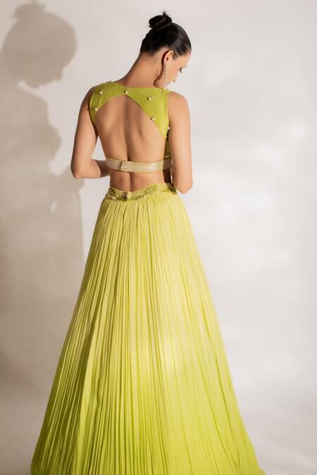 Buy_Anshika Tak Label_Yellow Georgette, Net Pearls, Cut Work V-neck Pleated Embroidered Lehenga Set _Online_at_Aza_Fashions