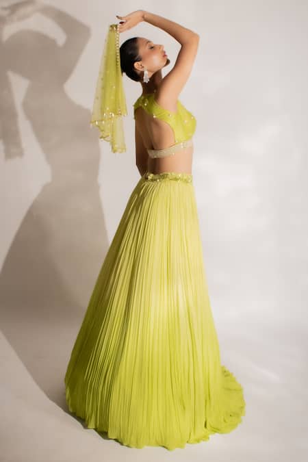 Shop_Anshika Tak Label_Yellow Georgette, Net Pearls, Cut Work V-neck Pleated Embroidered Lehenga Set _Online_at_Aza_Fashions
