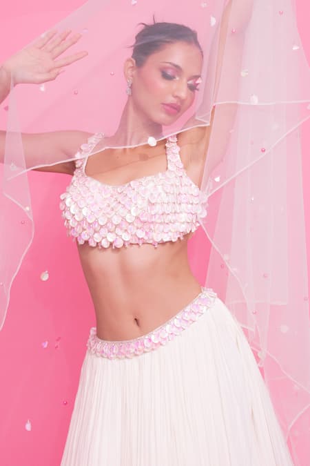 Anshika Tak Label_Ivory Georgette, Net Sequins Scoop Neck Embellished Lehenga Set _Online_at_Aza_Fashions