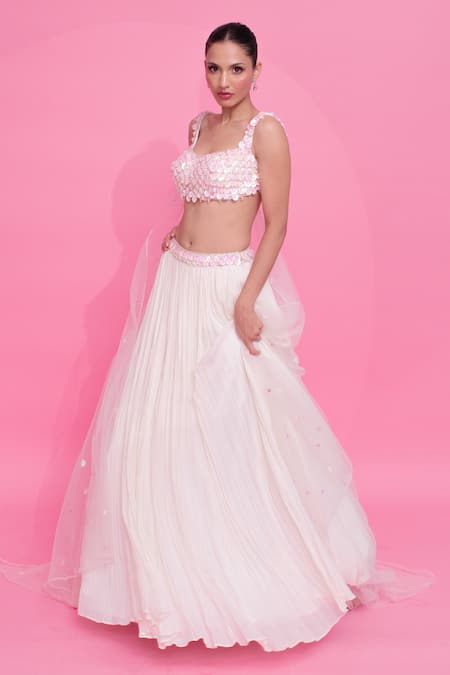 Buy_Anshika Tak Label_Ivory Georgette, Net Sequins Scoop Neck Embellished Lehenga Set _Online_at_Aza_Fashions