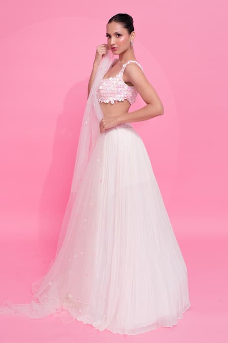 Shop_Anshika Tak Label_Ivory Georgette, Net Sequins Scoop Neck Embellished Lehenga Set _Online_at_Aza_Fashions