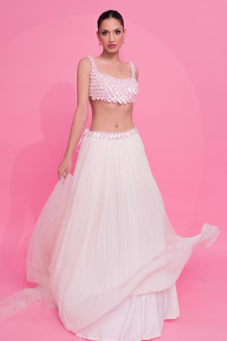 Anshika Tak Label_Ivory Georgette, Net Sequins Scoop Neck Embellished Lehenga Set _at_Aza_Fashions