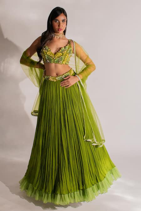 Anshika Tak Label_Green Tussar, Georgette, Net Pearls, Cut Work Plunge Neck Layered Lehenga Set _Online_at_Aza_Fashions