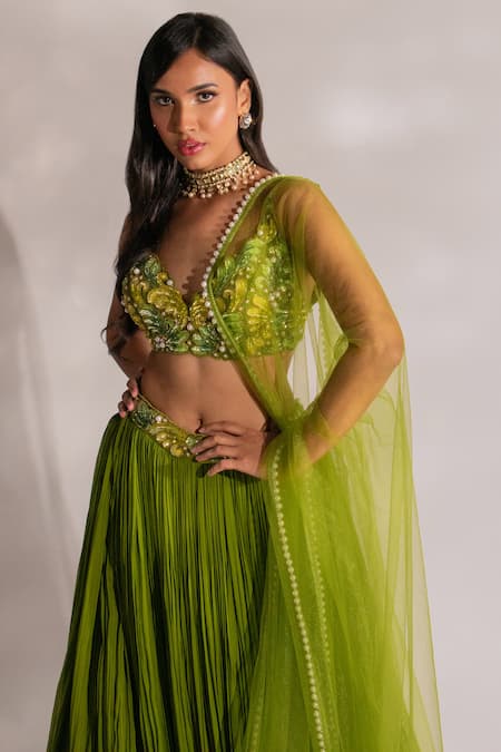 Buy_Anshika Tak Label_Green Tussar, Georgette, Net Pearls, Cut Work Plunge Neck Layered Lehenga Set _Online_at_Aza_Fashions