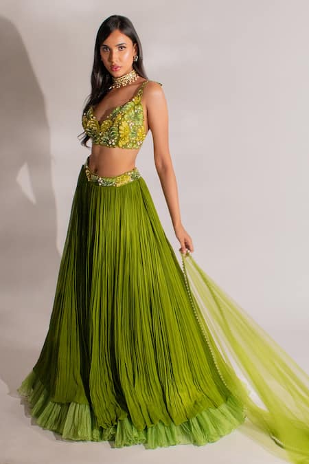 Shop_Anshika Tak Label_Green Tussar, Georgette, Net Pearls, Cut Work Plunge Neck Layered Lehenga Set _Online_at_Aza_Fashions