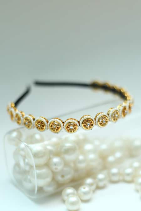 Shop_Foot Fuel_Gold Beads, Stones Embellished Round Broach Hairband _at_Aza_Fashions