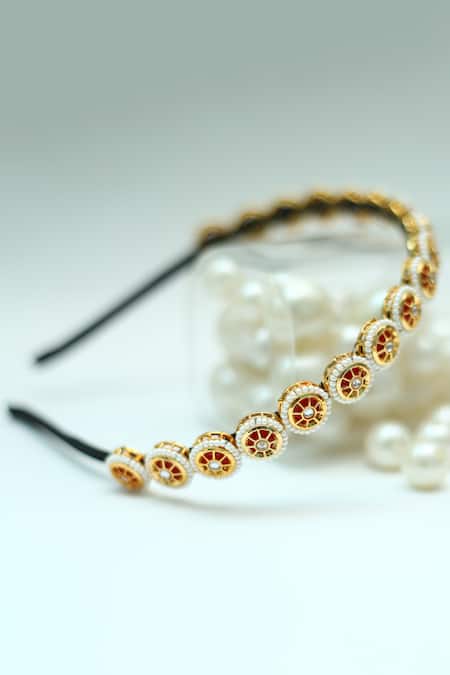 Shop_Foot Fuel_Gold Beads, Stones Studded Round Broach Hairband _at_Aza_Fashions