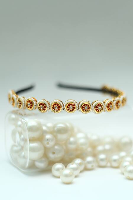 Buy_Foot Fuel_Gold Beads, Stones Studded Round Broach Hairband _Online_at_Aza_Fashions