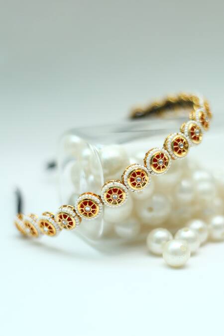 Shop_Foot Fuel_Gold Beads, Stones Studded Round Broach Hairband _Online_at_Aza_Fashions