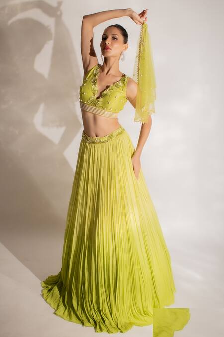 Anshika Tak Label_Yellow Georgette, Net Pearls, Cut Work V-neck Pleated Embroidered Lehenga Set _at_Aza_Fashions