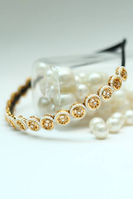Shop_Foot Fuel_Gold Beads, Stones Embellished Round Broach Hairband _Online_at_Aza_Fashions