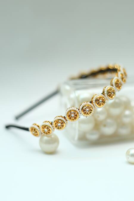 Foot Fuel_Gold Beads, Stones Embellished Round Broach Hairband _at_Aza_Fashions