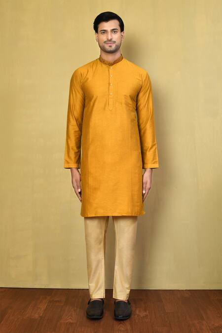Shop_Arihant Rai Sinha_Gold Cotton Embroidery Collar Kurta And Pyjama Set _Online_at_Aza_Fashions