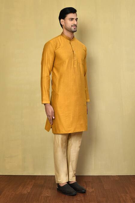 Arihant Rai Sinha_Gold Cotton Embroidery Collar Kurta And Pyjama Set _at_Aza_Fashions