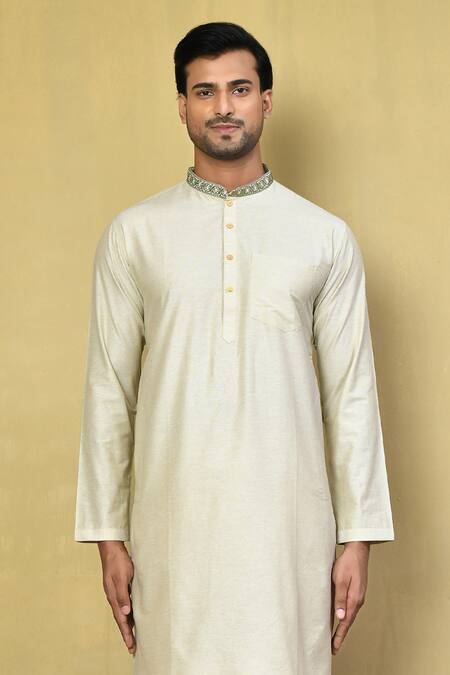 Buy_Arihant Rai Sinha_Cream Cotton Embroidery Collar Kurta And Pyjama Set _Online_at_Aza_Fashions